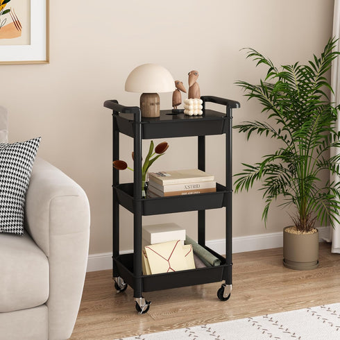 3-Tier 3-Tier-Plastic) MIOCASA Utility Rolling Cart with Cover Top Board, Kitchen Storage Organization, Art Cart