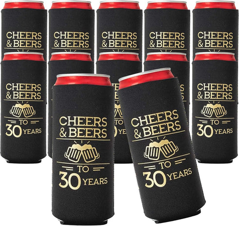Cheers and Beers to 30 Years Can Coolers, Set of 12 - Black and Gold 30th Birthday Party Decorations for Men and Women