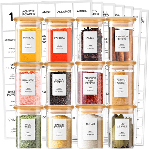 Kuocodall 12 Pcs Glass Spice Jars with Bamboo Airtight Lids & 201 Labels