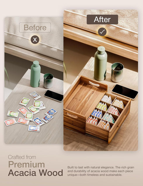 Countertop Tinamo Acacia Wooden Tea Box Organizer with Drawer Tea Chest for Tea Bags Storage Tea and Coffee Organizer
