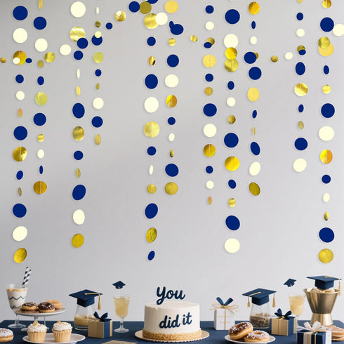 46 Ft Navy Blue and Gold Circle Dots Garland, Royal Blue Hanging Paper Polka Dot Streamer for Party Decorations