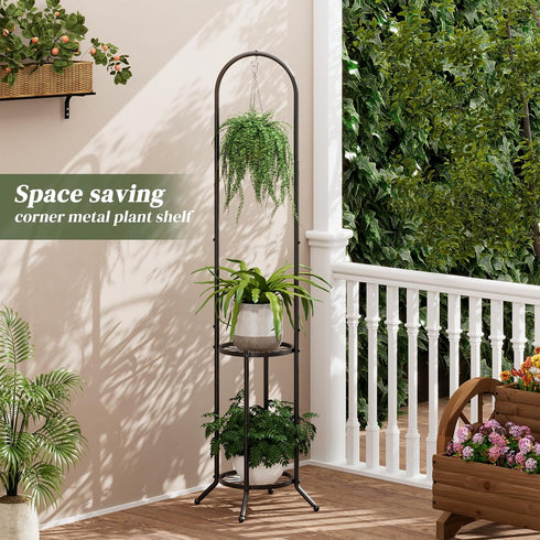 PULIJIAJU 2-tier 3 Hanging Plant Stand Indoor and Outdoor, Space-Saving Iron Plant Shelf, Potted Flower Pot Stand