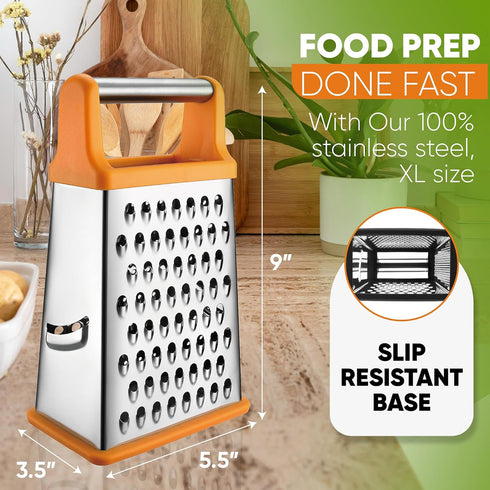 Spring Chef Handheld Stainless Steel XL Parmesan Cheese Grater, 4 Sided Manual Box Grater for Kitchen