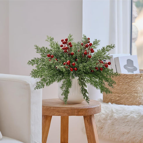 ComfyKit 60Pcs Artificial Pine Branches with Red Berry Stems,Christmas Faux Green Cedar Sprigs Branches,Fake Greenery