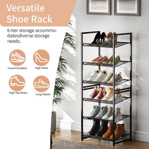 6 12-14 Tier Shoe Rack, Tall Metal Shoe Storage with Adjustable Shelves, Holds Pairs, Stackable Shoe Stand for Garage
