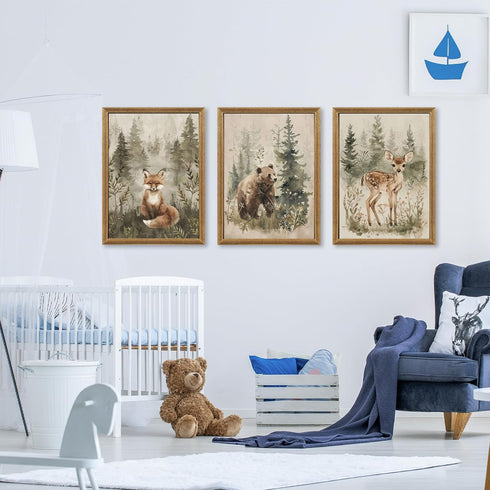ICHZUMW Set 3, 12x16in Woodland Nursery Decor Wall Art of Cute Forest Animals Canvas Prints Bear Fox Deer Pictures