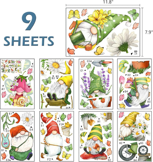 Mfault 9 Sheets Spring Gnomes Flowers Window Clings, Floral Daisy Tulip Lavender Glass Stickers Decals Decorations, Butterfly Mushroom Bicycle Swing Home Kitchen Decor by Mfault