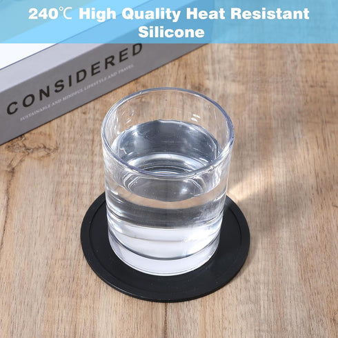 AOZUO 4pcs Silicone Drink Coasters, Non Slip Round Black Table Pads Desk Coasters Anti Stain & Heat Resistant Rubber