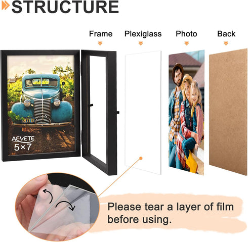AEVETE 5x7 Double Hinged Wood Folding Picture Frames, Vertical with Plexiglass Front, Black
