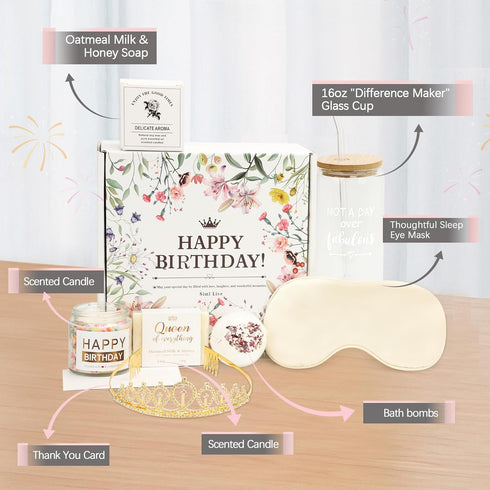 SimleLive 8pcs Set, Package Happy Birthday Gift Box for Women Spa Gifts for Birthday Unique, for Her, Mom, Grandma