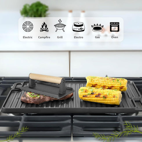 Cast Iron Reversible Grill/Griddle Set: Pre-Seasoned Non-Stick with Press, Scraper & Mitts for Indoor Outdoor Cooking