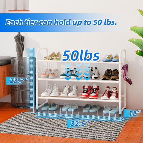3-Tier Closet 33" SUFAUY Mesh Shoe Rack, Metal Wide Shoe Shelf Heavy Duty, White