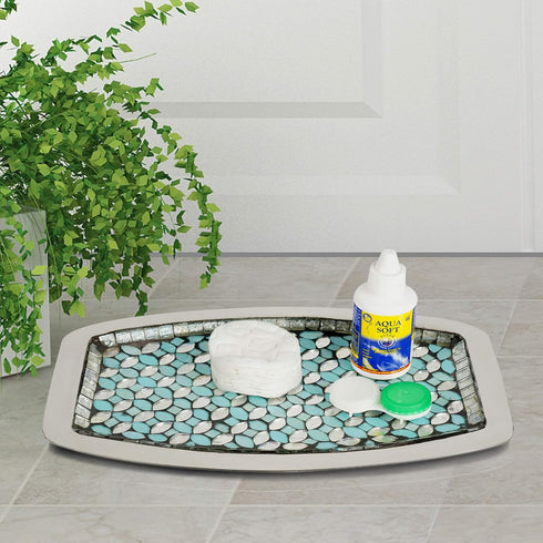 nu steel Sea Foam Amenity Tray, Aqua Blue/Silver Glass Mosaic, Stainless Steel for Bathrooms & Vanity Spaces