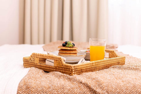 14.5" Small Hand-Woven Rattan Serving Tray with Handles Rectangular Snack Tray for Coffee Table, Fruit, Drinks, Decor
