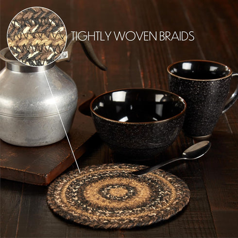 VHC Brands Round Circle Trivet Hot Pad, 8 Inches, Brown Black Tan, Jute Blend for Pots and Pans