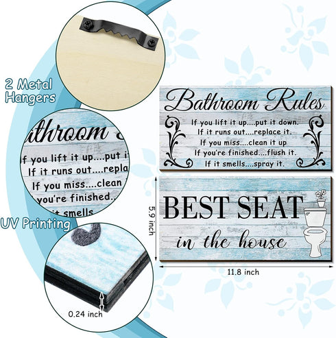 Jetec 2 Pieces Funny Bathroom Pictures Wall Sign Decor - Rustic Farmhouse Bathroom Rule Wall Art