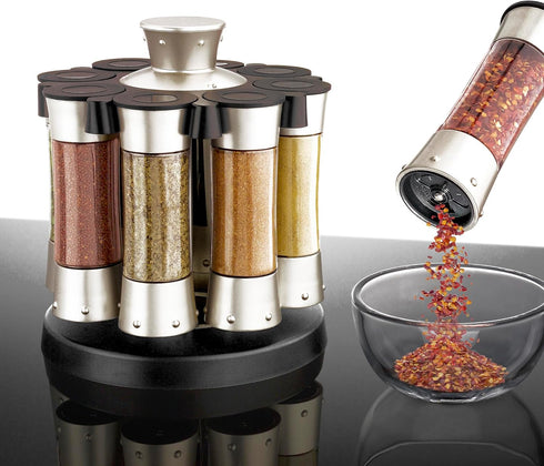 8 KitchenArt Spice Rack, Elite Auto-Measure Plastic Spice Carousel, Spice Jars, Silver