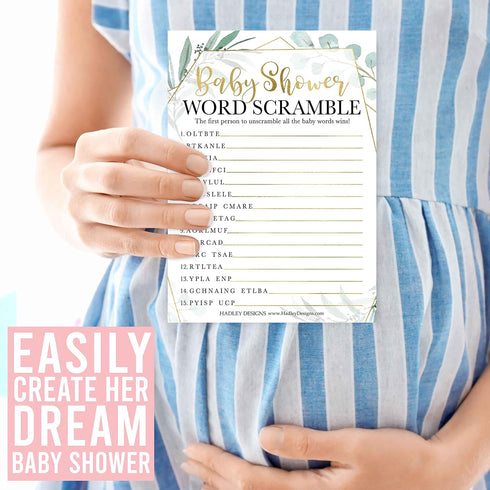 Hadley Designs Baby Shower Games Set, 25 Double-Sided Cards for 25 Guests, Word Scramble & True or False (Greenery)