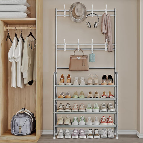8 Closet 4 Coat Rack Shoe Rack With Storage Shelf Freestanding with Hooks for Entryway Bedroom Tier, Grey