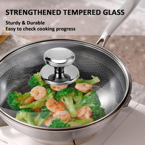 Glass Lids for Frying Pans & Pots, Tempered Covers with Stainless Steel Rim & Handle, Dishwasher Safe