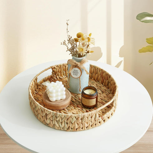 13 inch Round Wicker Tray, Hand-Woven Rattan Serving Trays with Handles for