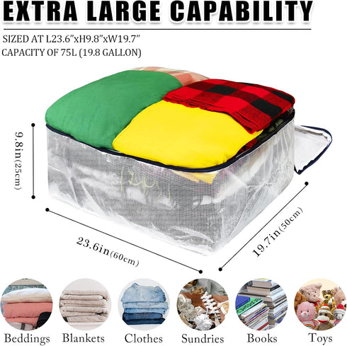 Clear Storage Bags with Zipper, 75L Extra Large Capacity - Closet, Underbed Storage Organizer for Clothes, Bedding, Comforter, Toys, Pillow & Blanket, 3 Pack by Ineetatu