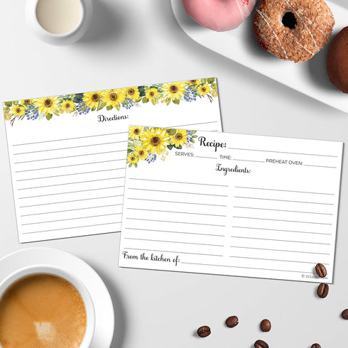 321Done Sunflower Recipe Cards (Set of 50) 4" x 6" - Double-Sided for Weddings, Bridal, Baby Shower - Made in USA