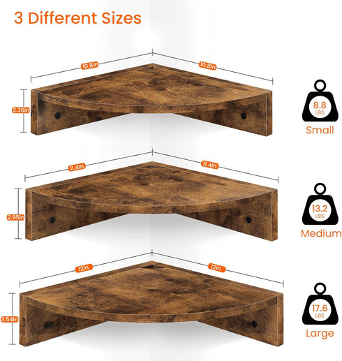 Set 3 3 Homode Corner Shelf Wall Mount, of Floating Corner Shelves with Cord Hole, Tier Wood Wall Display Shelf
