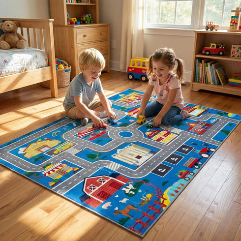 31x47in Play Mat Kids Rug for Boys and Girls, Non-Slip Playroom Rug Car Rugs for Kids Toy Cars Kid Classroom Road Rugs