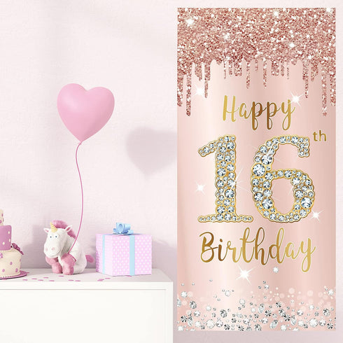 16th Birthday Door Banner Decorations for Girls, Pink Rose Gold Sweet 16 Birthday Cover Backdrop Party Supplies