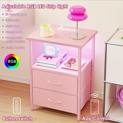 2 Fixwal Night Stand with Charging Station, LED Nightstand with U-S-B Ports and Outlets, Fabric Storage Drawers with PU