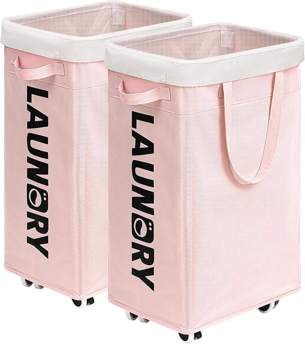Goodpick Pink Laundry Baskets with Wheels, 2-Pack 75L Rolling Laundry Basket with Removable Wash Bags