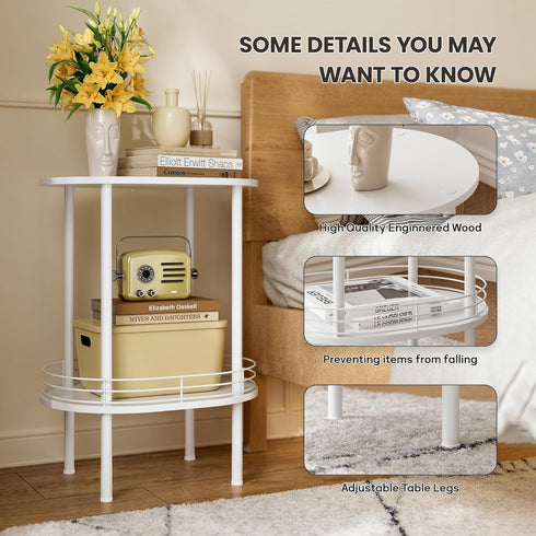 Storage,2-Tier (1PC,White) Small Modern Oval Side Table with Side Tables Living Room,Sturdy Nightstand for Small Space