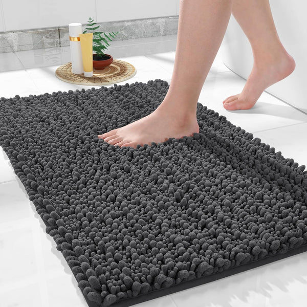 Yimobra Non Slip Washable Bathroom Rugs 32x20 Inch - Ultra Soft Absorbent Chenille Bath Mat, Dark Gray