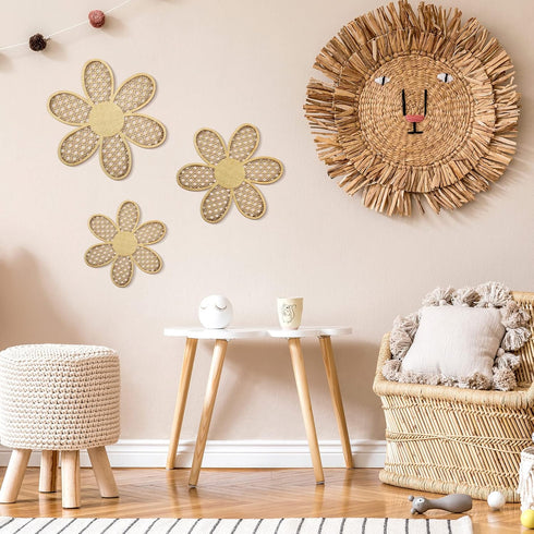 Maitys 3 Pieces Boho Daisy Wall Decor Natural Rattan Flower Wall Hanging Art Wooden Boho Art Nursery Flowers Farmhouse