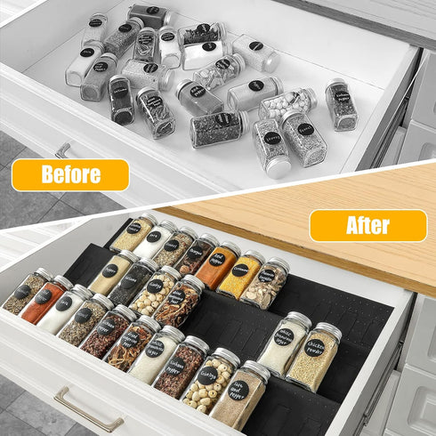 Famhap 6 Tier Spice Drawer Organizer, Expandable from 11.6" to 23.2", Black Seasoning Rack Tray Insert for Kitchen