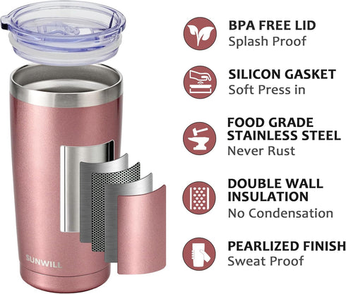 SUNWILL 20 oz Travel Coffee Tumbler, Insulated Mug with Lid, Stainless Steel Cup, Rose Gold