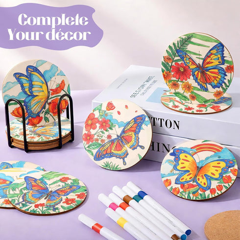 Reallnaive 45 4 Inch Pcs Butterfly Wooden Coasters Painting Kit, Paint Your Own Boho Coasters with Markers, Mothers Day