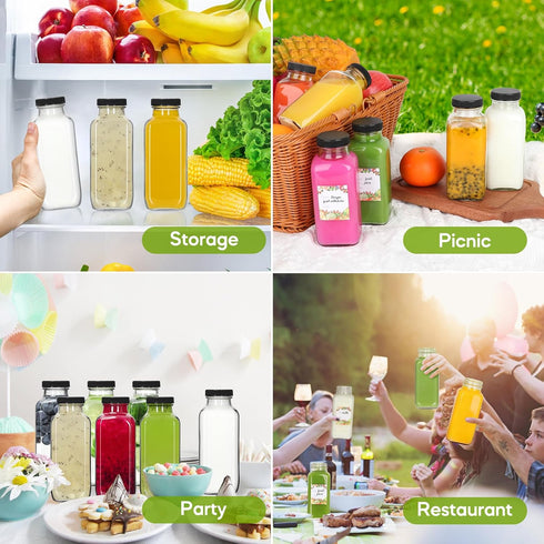 12 oz 12Pack, 360ml (12fl.oz, Set 12) Alotpower Glass Juice Bottles with Lids Square Reusable Drinking Bottles