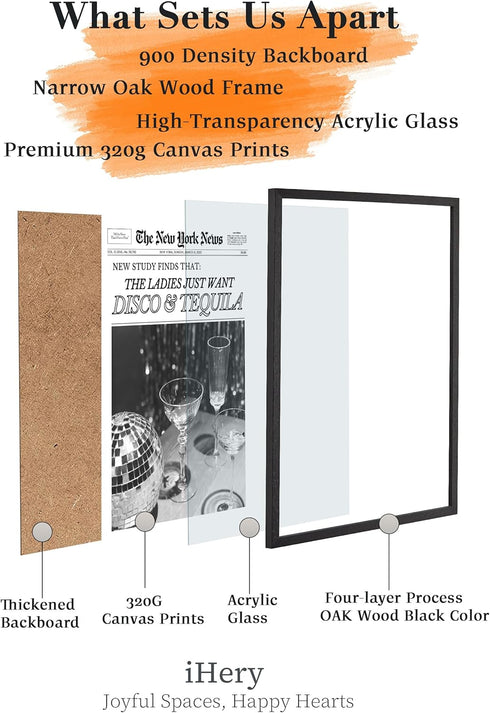 12x16in Set 1 iHery Natural Black OAK Wood Disco Tequila Newspaper Framed Wall Art, Trendy Modern Cocktail Bar Cart