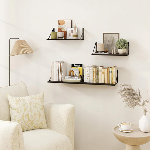 Heimlove 16W 8D Set 2, Black Deep Floating Shelves for Wall, x Wood Wall Shelves of Wide Floating Bookshelf for Living