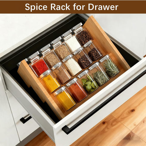 2 Pack Countertop Spice Rack Riser for Cabinet, Bamboo Spice Organizer Display Shelf for Kitchen