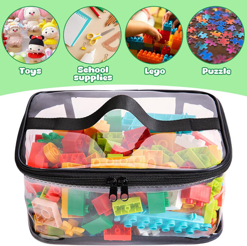 4 Packs Clear Toy Storage Bags, 9.4 x 6.7 x 4.3 Inch Transparent PVC Organizing Bags with Zipper for Small Toys (Black)