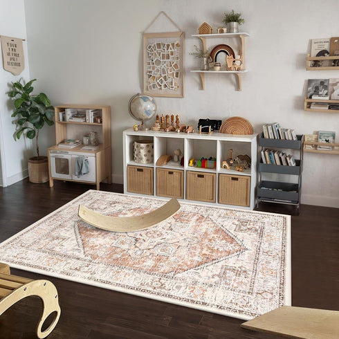 5x7 LIVEBOX Area Rugs for Living Room, Washable Nursery Orange Boho Rug Soft Non-Slip, Low-Pile Vintage Medallion