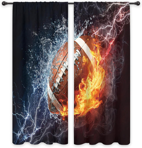 Cinbloo American Football Curtains Sheer Rod Pocket Wall Decor for Kids, Teens Bedroom, Water Flame Football Art