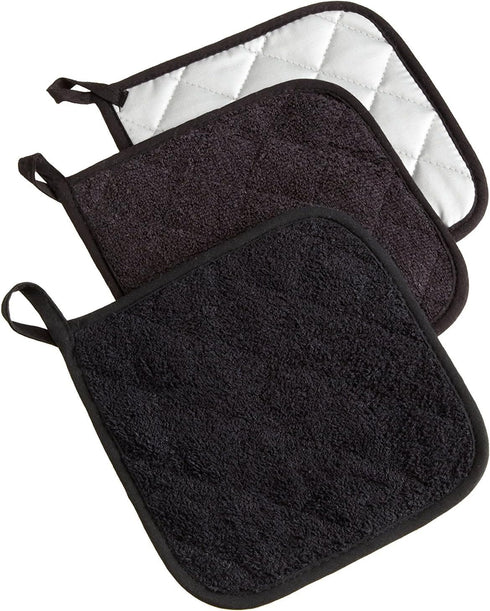 DII Basic Terry Collection Quilted Potholder, 100% Cotton, Black, 3 Piece