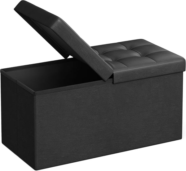 SONGMICS 30 Inches Folding Storage Ottoman Bench with Flipping Lid, Faux Leather, Black