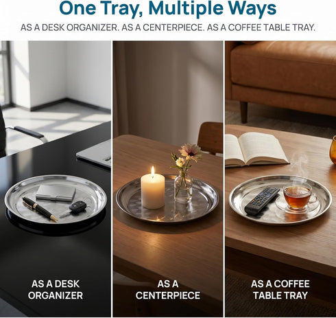 6 Pack 12 Inch ZEAYEA Stainless Steel Round Tray, Bar Serving Tray with Swirl Pattern, Silver Display Serving Platter