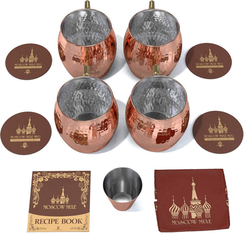 Hammered Moscow Mule Copper Mug Set of 4, Stainless Steel Lining, 16 oz
