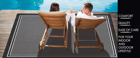 Gertmenian Indoor Outdoor Classic Flatweave Area Rug, Stain & UV Resistant, 2x6 Ft Runner, Black Tan